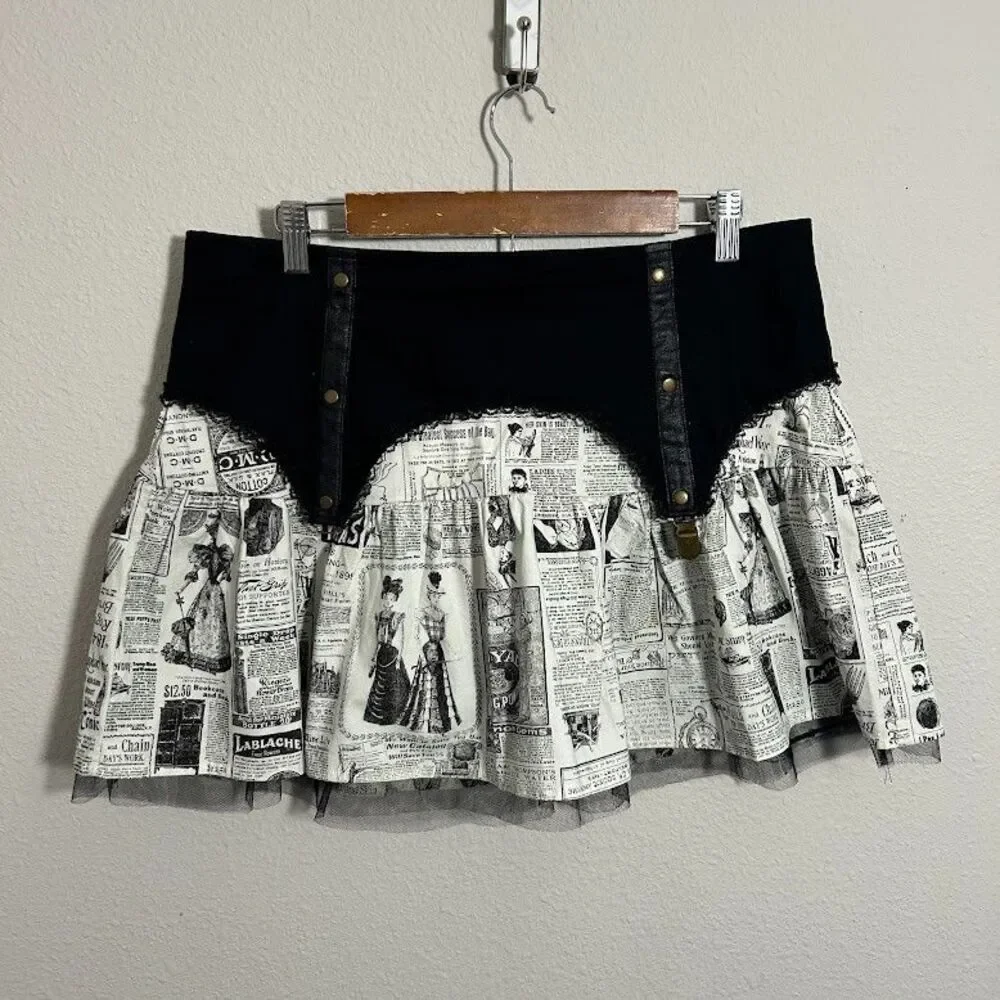 VTG Lip Service Step in Time Goth Steampunk Newsprint Mini Skirt XL Old News